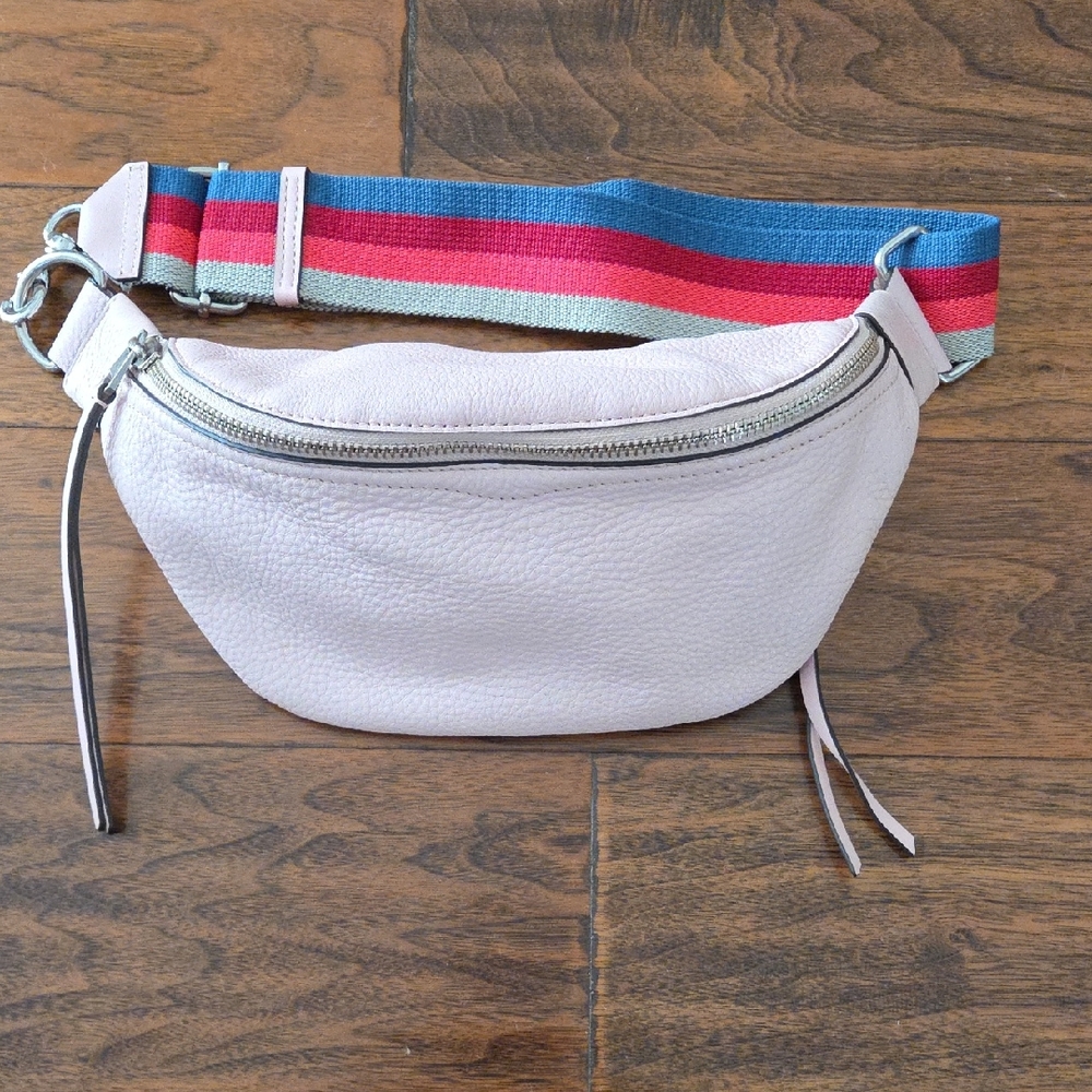 Rebecca Minkoff Light Pink Crossbody Bag with Multi Color Striped Strap